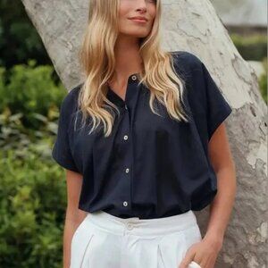 Jenni Kayne Willow Blouse Linen Blend Navy Button Up